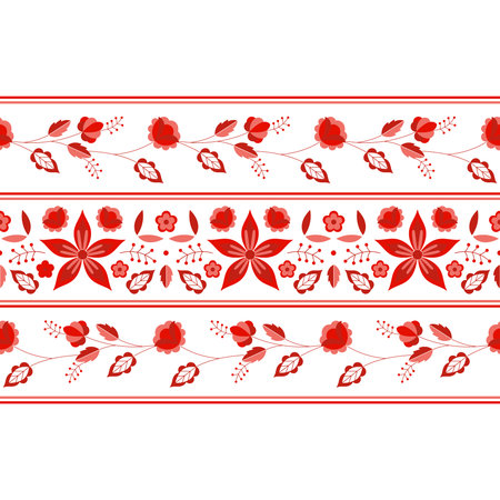 Polish folk pattern vector. Floral ethnic ornament. Slavic eastern european print. Red border flower...
