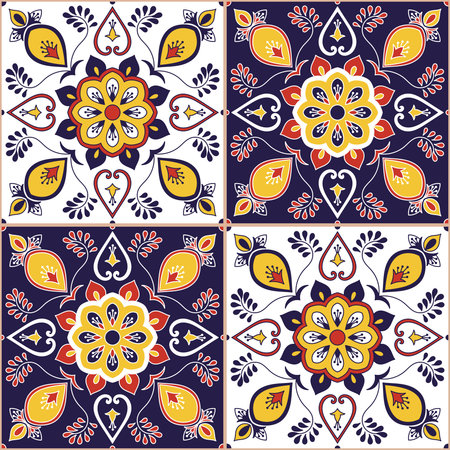 Italian tile pattern vector with baroque floral ornament. Portuguese azulejo, mexican talavera, spanish majolica, moroccan motifs. Tiled texture background for wallpaper or flooring ceramic.のイラスト素材
