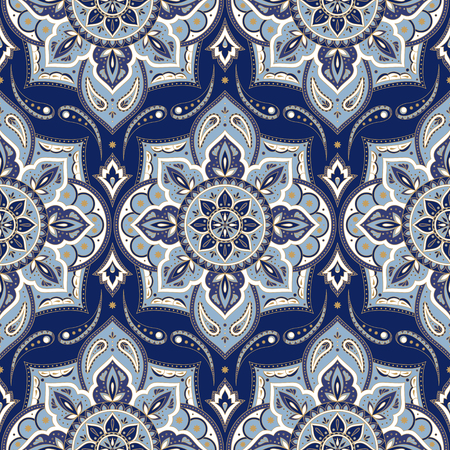 Floral indian paisley pattern vector seamless. Vintage flower ethnic ornament for silk scarf bandana print fabric. Oriental folk design for boho bedroom textile, yoga clothing, india luxury wedding.のイラスト素材