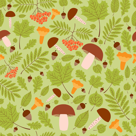 Green forest pattern vector seamless. Leaves, rowan berries, oaks acorns and mushrooms background. Autumn fall colorful print for seasonal banner, wallpaper, wrapping paper or card template.のイラスト素材