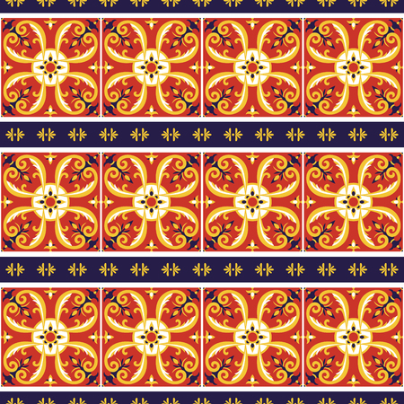 Italian tile pattern vector with border flower ornaments. Portuguese azulejo, mexican talavera, spanish or sicily majolica. Tiled mosaic texture for kitchen or bathroom flooring ceramic background.のイラスト素材