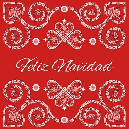 Folk art Holiday card vector template. Feliz Navidad - Merry Christmas in Spanish language. Season red background with ornaments design.のイラスト素材