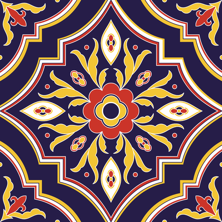 Mexican tile pattern vector seamless with floral ornaments. Portuguese azulejo, puebla talavera, spanish or italian majolica. Tiled element texture for ceramic kitchen wall or bathroom mosaic floor.のイラスト素材