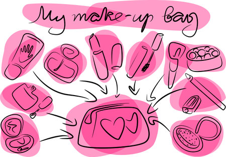 my make-up bag outline sketch decorative cosmetics pink backgroundのイラスト素材