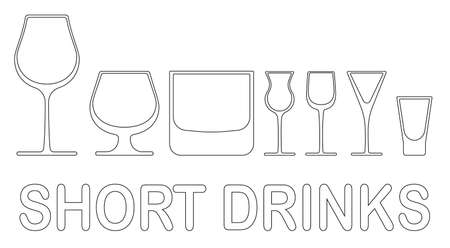 Set of glasses for short drinks and shots. Vector on white background. Outline blackのイラスト素材