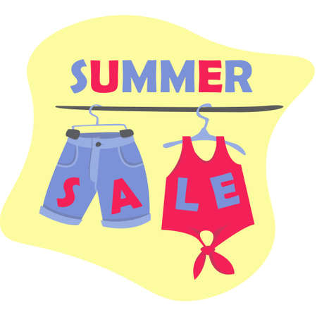 summer sale set T-shirt and shorts on the clothes rack. Summer clothes. Vector illustration. Flat style.のイラスト素材