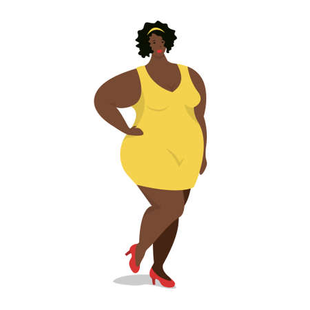 Attractive overweight African American woman is standing. Female cartoon flat style character. Body positive. Plus size girlのイラスト素材