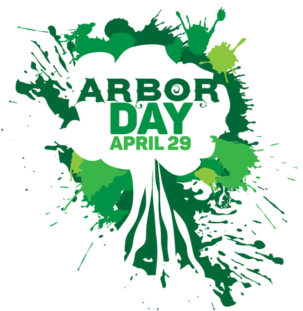 White vector silhouette of a tree against a background of green splashes. For the tree plantation holiday. 29 April.のイラスト素材