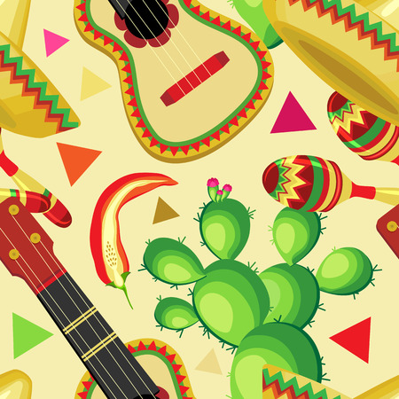 Vector seamless pattern on the holiday of Cinco de Mayo. Sombrero, guitar, cactus and maracas with vegetables on a pastel beige background.のイラスト素材