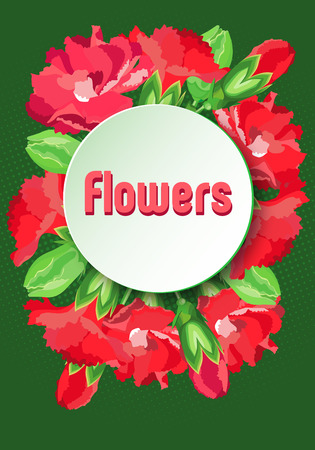 Vector image with wreath red carnations under a round plate for text. Dark green background with halftone of light green color.のイラスト素材
