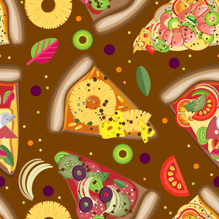 Vector seamless pattern. Pizza slices with different fillings.のイラスト素材