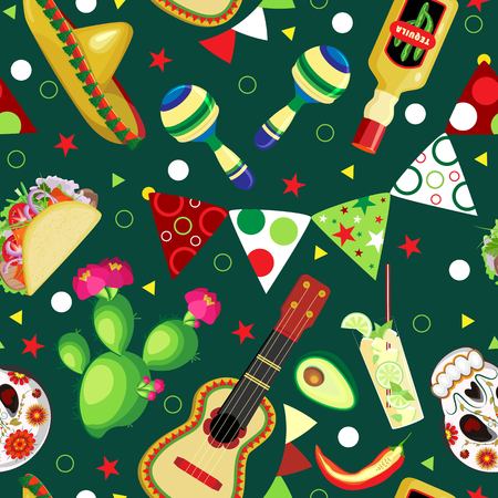 Vector seamless pattern on the holidays of Cinco de Mayo. Symbols of the Mexican holidayのイラスト素材