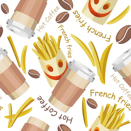 Vector seamless pattern of french fries and cups with coffee. On a white backgroundのイラスト素材