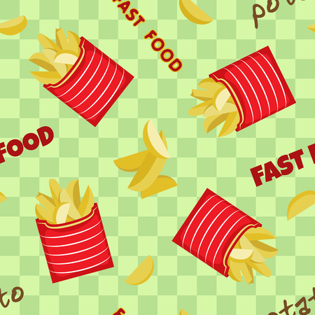 Vector seamless pattern of sachets with fried rustic potatoes. On a checkered green backgroundのイラスト素材