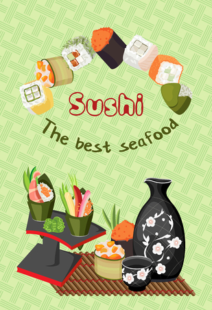Vector composition of various sushi and rolls, as well as racks with a tarpaulin, a jug with a cup for sake and rolls on a bamboo mat. On a pastel green background with a braid.のイラスト素材