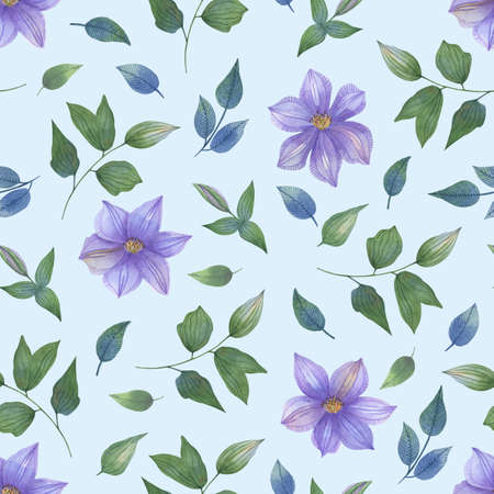 Watercolor seamless pattern with clematis flowers on a light blue background. Beautiful, stylish design for fabric, wallpaper, napkins, textiles, packaging.の写真素材