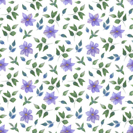 Watercolor seamless pattern with clematis flowers on a white background. Modern design for fabric, wallpaper, napkins, textiles, packaging. The small pattern is perfect for bed linen.の写真素材