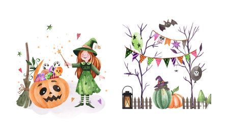 Watercolor Halloween set with funny characters and festive decorations. Fun Helloween Art Set with Holiday Pumpkins, Candy, Festive Party Decor.の写真素材