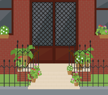 The front door with stairs and flowers in pots. Entrance to a beautiful door in a flat style.のイラスト素材