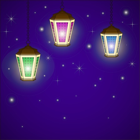 Greeting Card Ramadan Kareem with a lit flashlight Arabic. Vector illustrationのイラスト素材