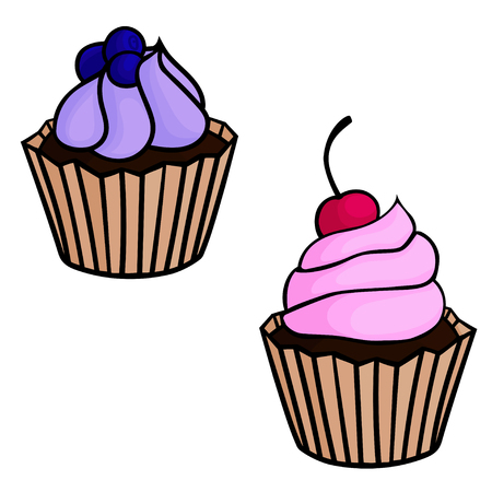 Set flat cartoon isolated cupcakes with cream, decorated with berries (cherries, blueberries). Vector illustrationのイラスト素材