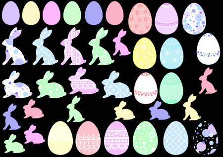 Happy easter elements isolated on a black background. Colored and patterned Easter bunnies and Easter eggs for your creativity. Vector illustrationのイラスト素材
