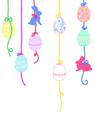 Happy Easter greeting card or background. Easter bunny and Easter eggs with ornaments hung on ribbons with bows. Vector illustrationのイラスト素材