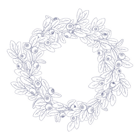 Round wreath or frame of branches of blueberry with berries on a white background. The branches are painted dark tench and filled with white. Wreath isolated from the background. Vector illustration.のイラスト素材