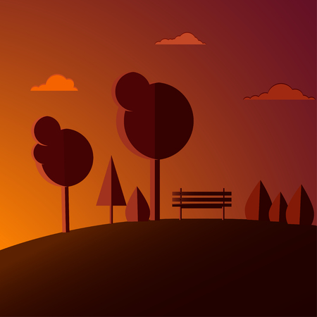 bench surrounded by trees and bushes on a hill during sunset. Vector illustration in a flat styleのイラスト素材