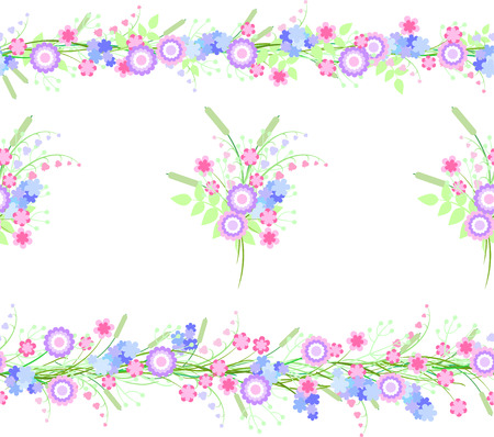 Seamless pattern of flat colors, gathered in a bouquet and floral border. Natural background, vector illustrationのイラスト素材