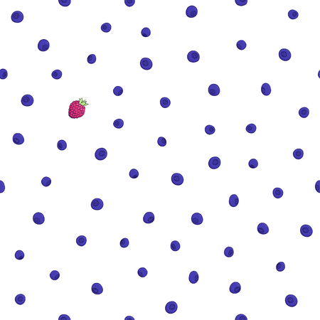 Seamless natural pattern of blueberries and a raspberry berries on a white background. Elements of the pattern drawn by hand a dark outline and painted bright colors. Vector illustration.のイラスト素材