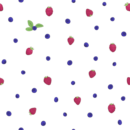 Seamless natural pattern of raspberries and blueberries on a white background. Elements of the pattern drawn by hand a dark outline and painted bright colors. Vector illustration.のイラスト素材