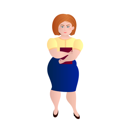 Business woman with overweight in elegant office clothes with a folder in hands on a white background. Fat woman in the office. Isolated. illustrationのイラスト素材