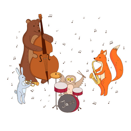 Cute forest animals playing musical instruments. Music group, Jazz Band. Children's illustration.のイラスト素材