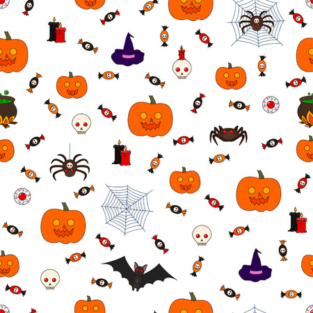 Seamless vector pattern with various items for Halloween, bats and spiders on a white background.のイラスト素材