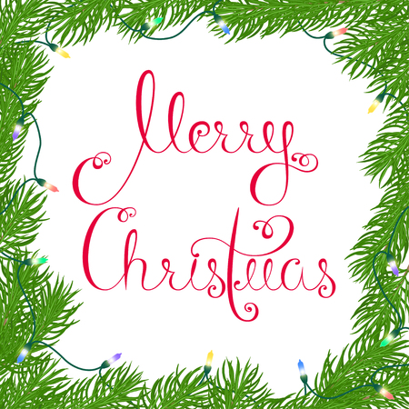 Festive square frame made of fir branches entangled electric glowing garland congratulation Merry Christmas written with beautiful calligraphy letters in red on a white background. Vector illustrationのイラスト素材