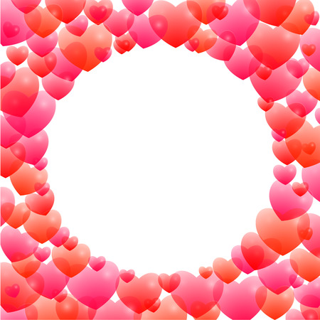 Romantic frame with hearts of different sizes scattered and several shades of red on a white background forming a blank circle. Valentine's Day. Holiday greetings. Vector illustrationのイラスト素材