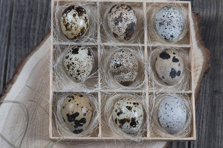 Quail eggs  in wooden box on dark background. Eco productsの写真素材