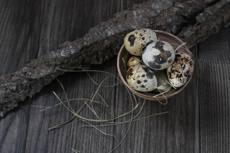 Quail eggs in clay pot on dark background. Eco products. Healthy foodの写真素材