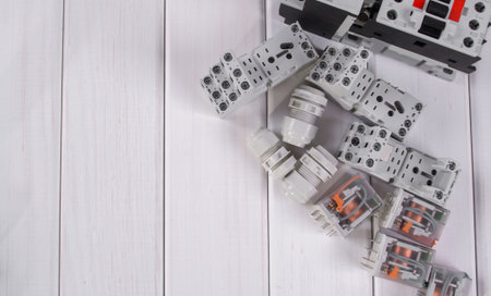 Group of electronic components and parts on white background.の写真素材