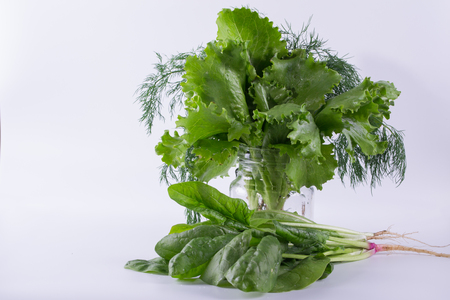Lettuce, spinach, fennel in a glass jar  ready for salad  on a white background. Healthy food.Fresh herbs.の写真素材