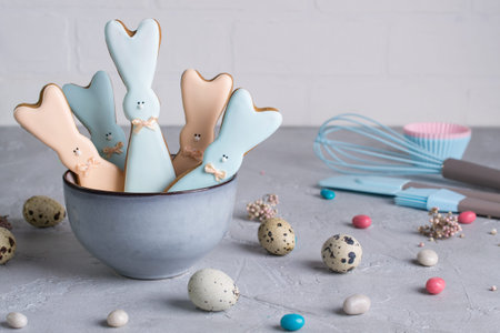 Easter spring decorative composition  with homemade easter cookies in the shape of  a  funny ...