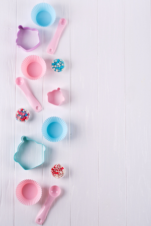 Baking and cooking utensils. Flat lay Top view, mockup for recipe onwhite background.の写真素材