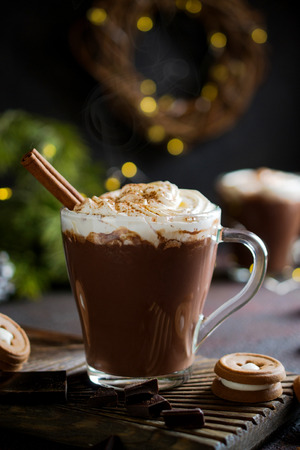 Cup of hot chocolate with whipped cream on top and winter decor. Traditional drink for autumn or winter holidays, copy space.の写真素材