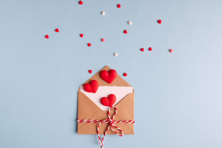 Minimal valentine day concept. Valentine's day love letter postcrossing. Top view Flat lay ....
