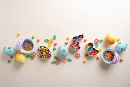 Easter decorative border made of festive elements Cookie cutters, sugar sprinkling, eggs.