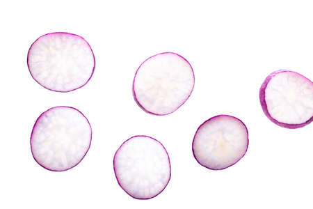 Radish purple slices isolated on white backgroundの写真素材