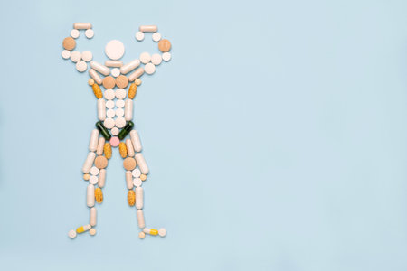 Shape of bodybuilder made of pills on blue backgroundの写真素材