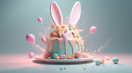 A futuristic Easter celebration cake with bunny ears. Modern Easter poster and banner template. Generative AI contentの素材
