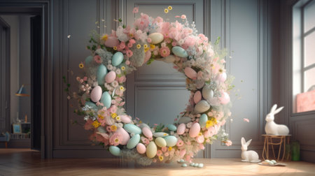 Modern interior design. Artistic design of Spring Easter Wreath. Generative AI contentの素材